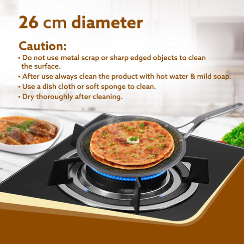 Royal Honey Comb Tawa, 26 cm Diameter, Tri-Ply Steel with Honey Comb Pattern Design, Gas & Induction Oven Compatible, Riveted  Handle, Food Safe & PFOA Free, Cooking, Cookware, Silver